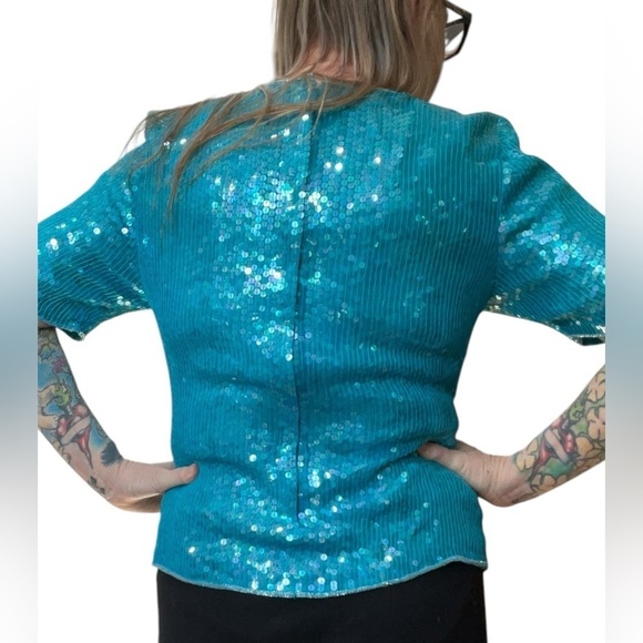 Pantagis Aqua abstract Vintage 70s/80s beaded silk sequin blouse-XL - Picture 5 of 9